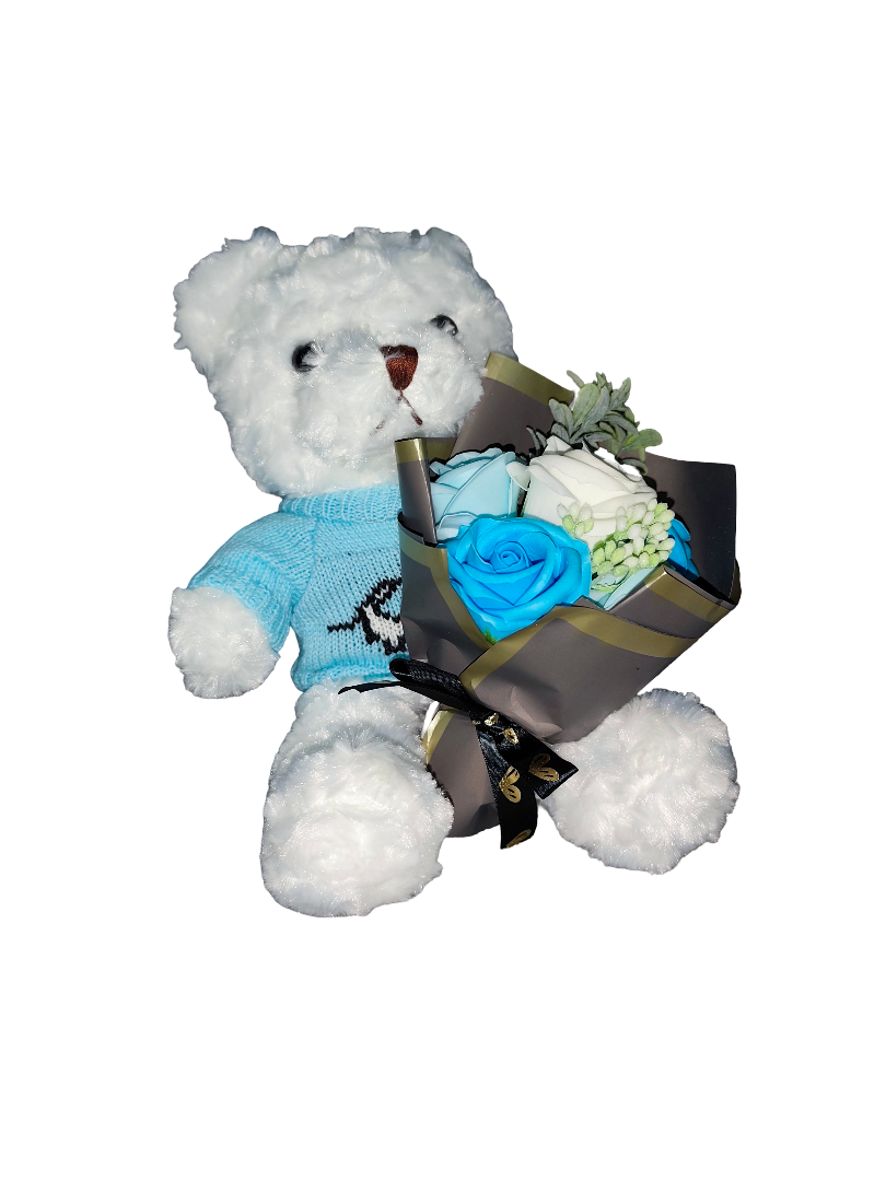 White Teddy Bear with Flower Bouquet