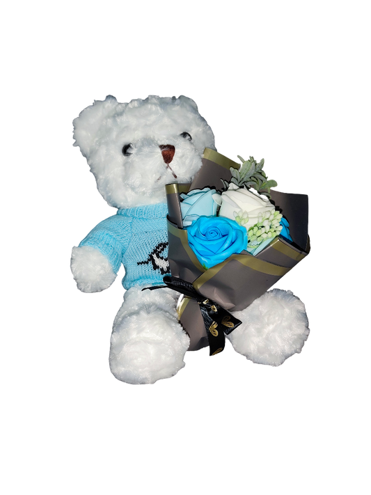 White Teddy Bear with Flower Bouquet