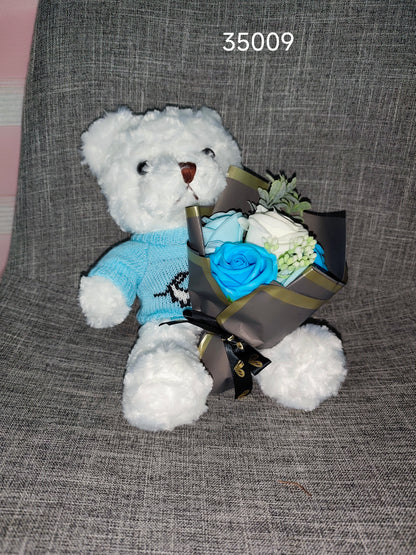 White Teddy Bear with Flower Bouquet