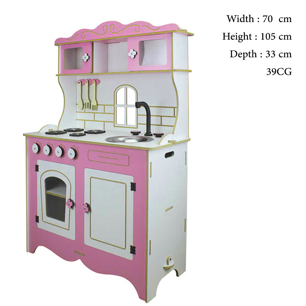 wooden pink kitchen set with sink oven and closets