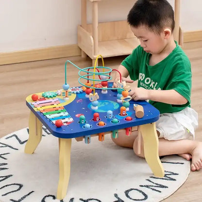 Qiaike 5 In 1 Multifunction Educational Busy Board Montessori Wooden Activity Bead Maze Table For Kids Sensory Teaching