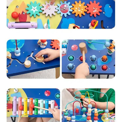 Qiaike 5 In 1 Multifunction Educational Busy Board Montessori Wooden Activity Bead Maze Table For Kids Sensory Teaching