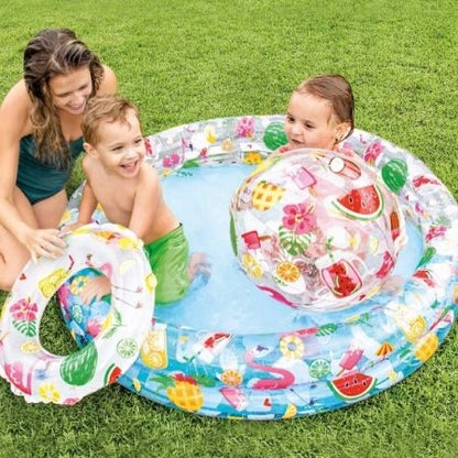 pool Set includes inflatable pool with matching 51 cm beach ball and 51 cm swim ring