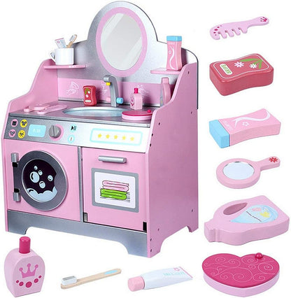 wooden pink make up dresser and cleaning set