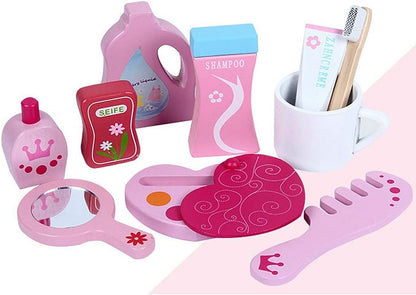 wooden pink make up dresser and cleaning set