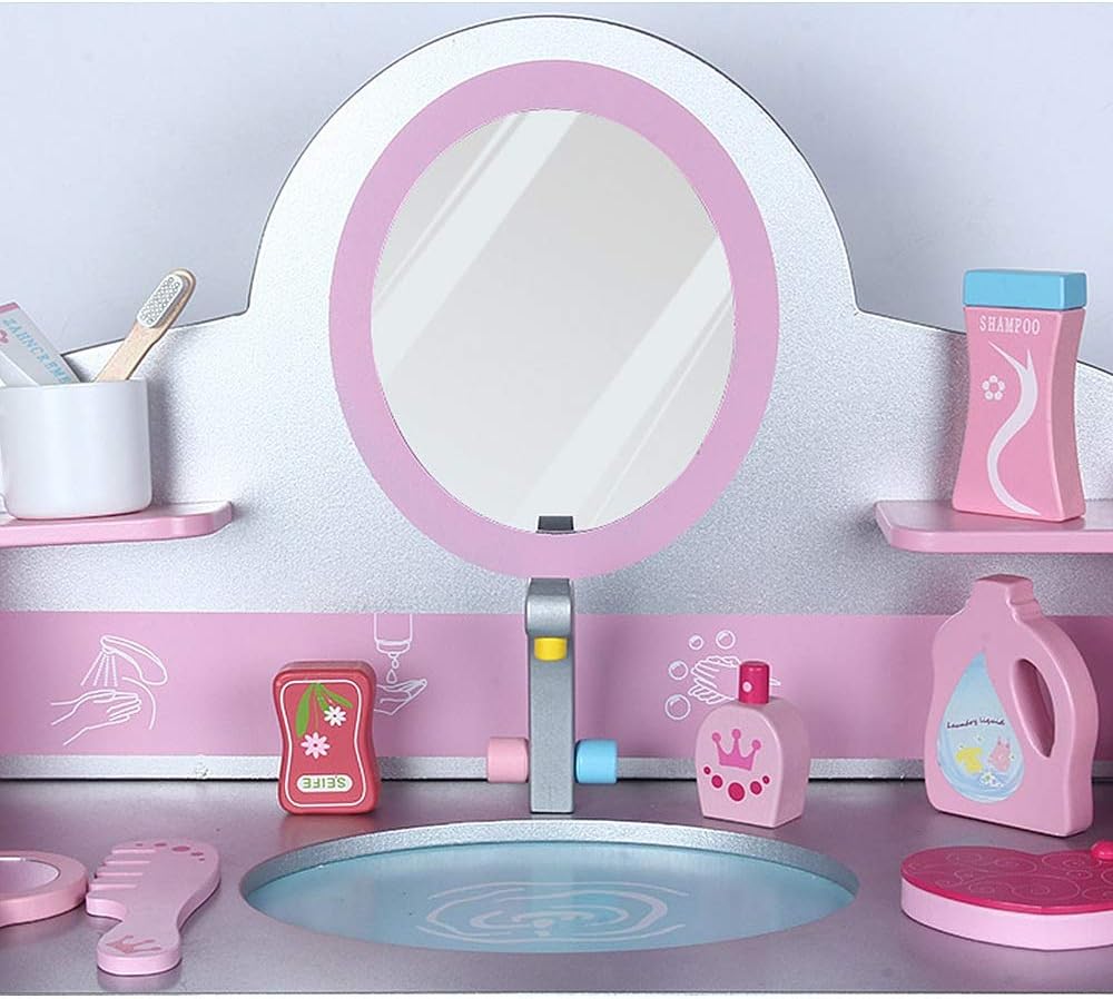 wooden pink make up dresser and cleaning set