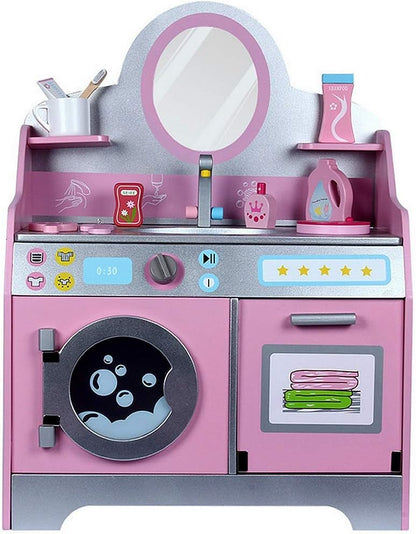 wooden pink make up dresser and cleaning set