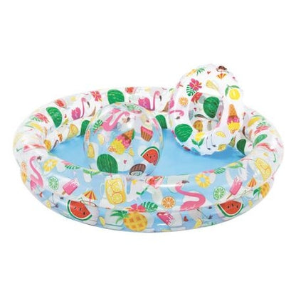 pool Set includes inflatable pool with matching 51 cm beach ball and 51 cm swim ring