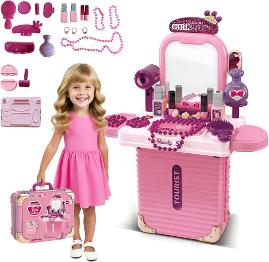 Makeup Toy Set, Jewelry Make Up Set Toys with Beauty Suitcase for Girls