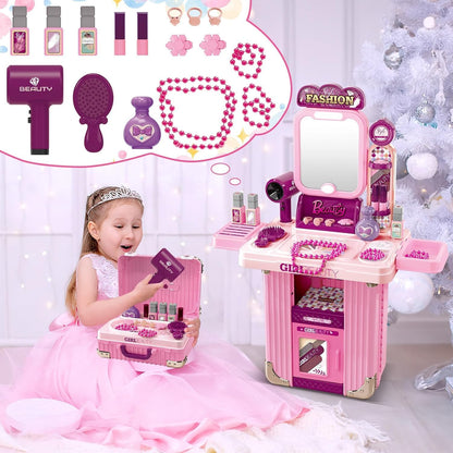 Makeup Toy Set, Jewelry Make Up Set Toys with Beauty Suitcase for Girls