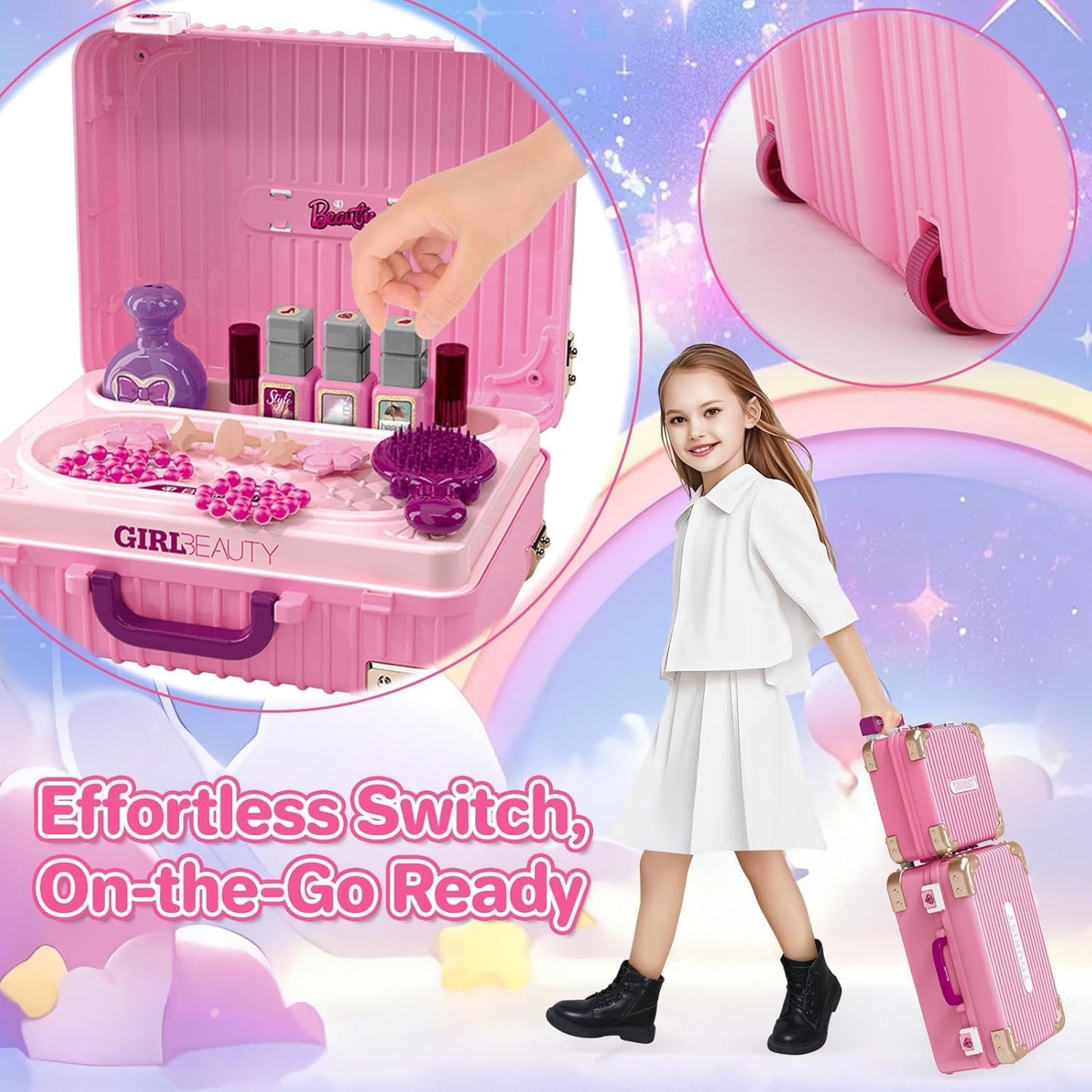 Makeup Toy Set, Jewelry Make Up Set Toys with Beauty Suitcase for Girls
