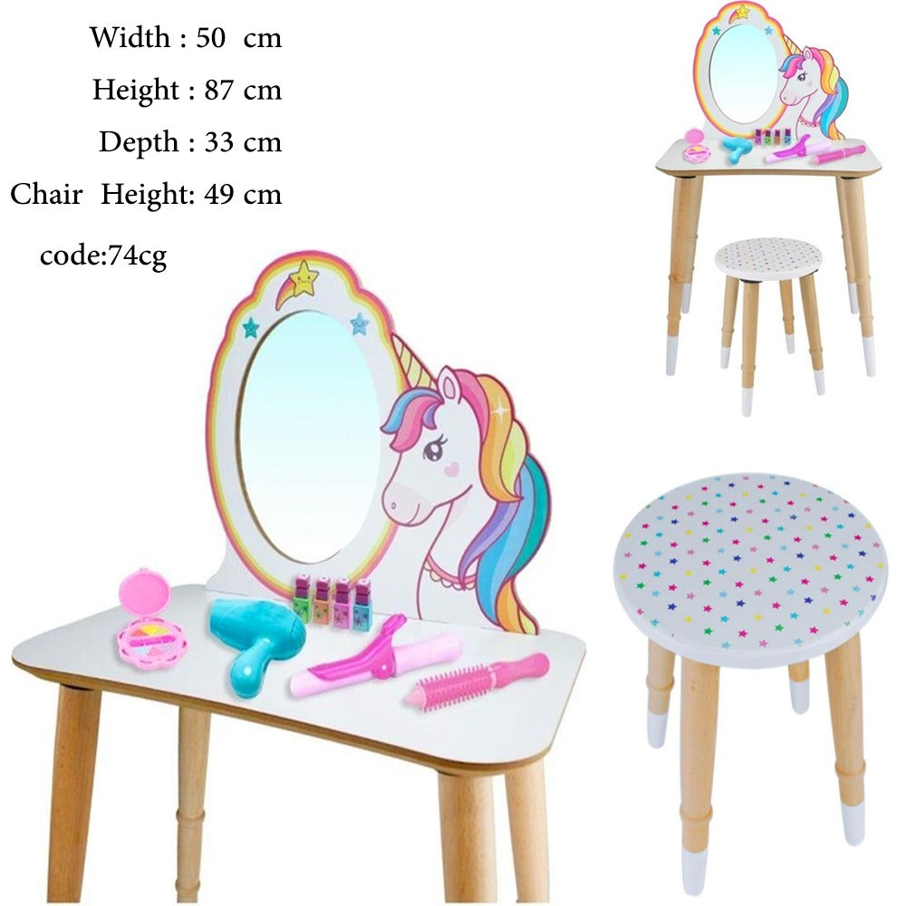 wooden unicorn dresser for make up with chair