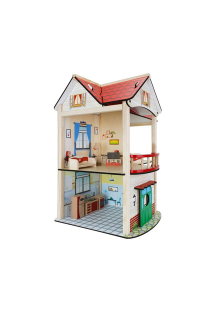 wooden dollhouse with miniature wooden furniture