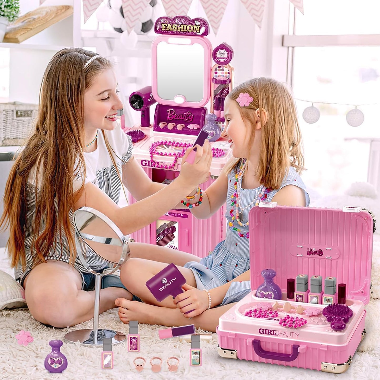 Makeup Toy Set, Jewelry Make Up Set Toys with Beauty Suitcase for Girls
