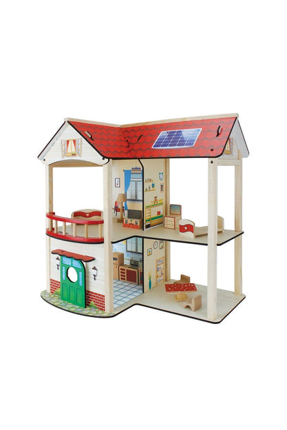 wooden dollhouse with miniature wooden furniture