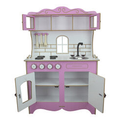 wooden pink kitchen set with sink oven and closets