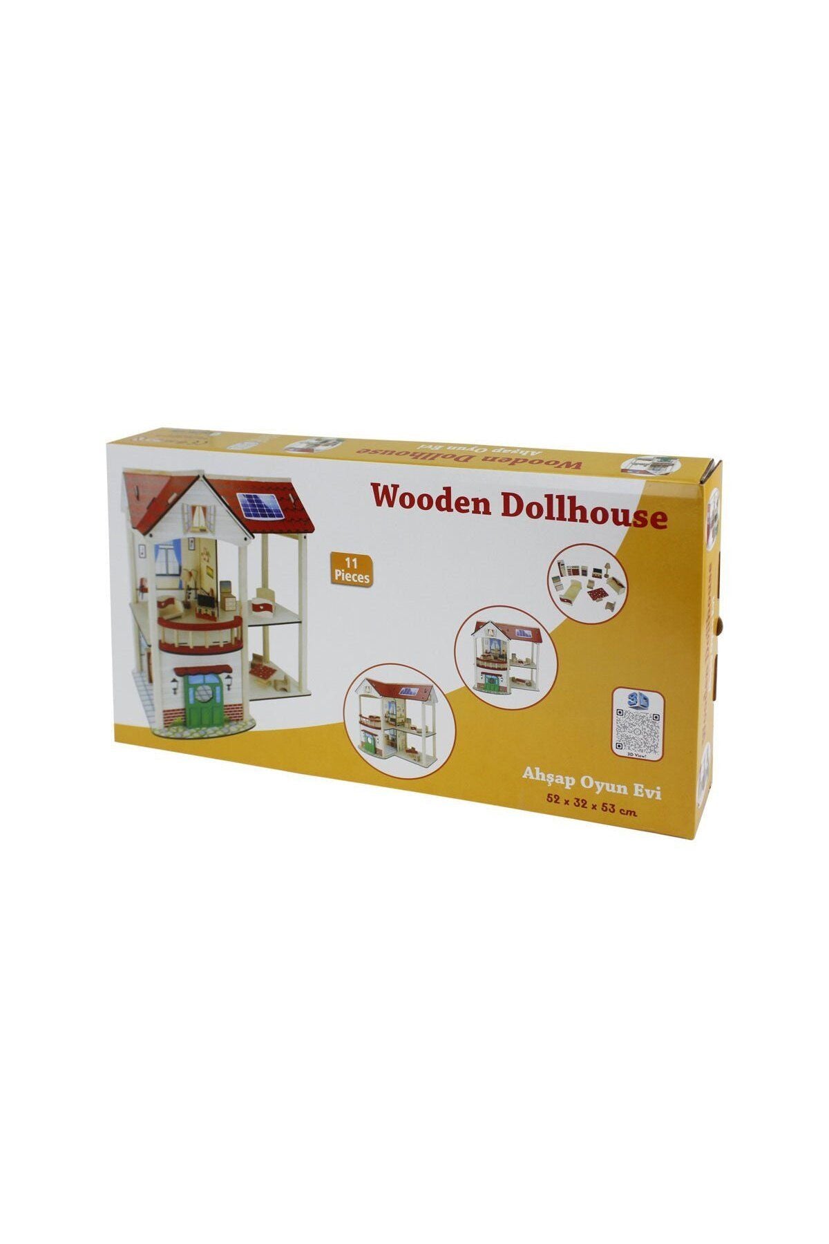 wooden dollhouse with miniature wooden furniture