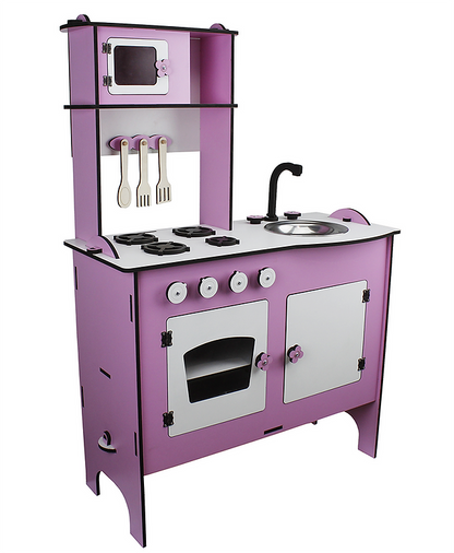 purple wooden kitchen sink and oven set