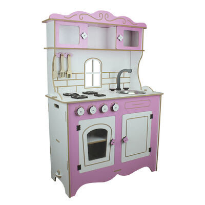 wooden pink kitchen set with sink oven and closets