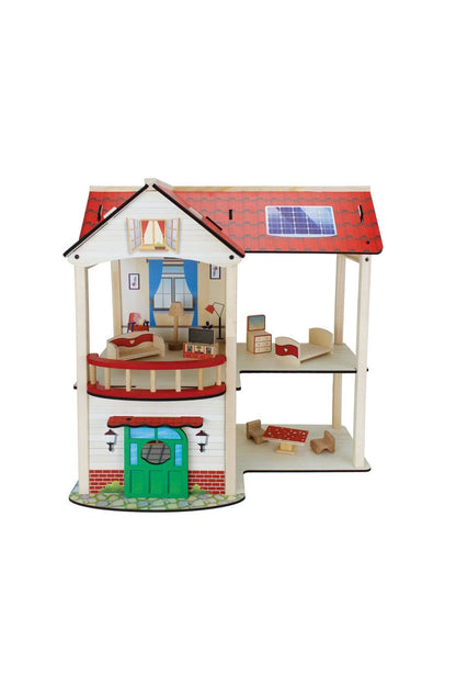 wooden dollhouse with miniature wooden furniture