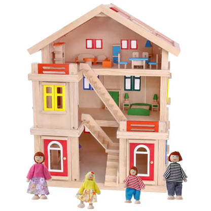 Happy family wooden toy DIY dollhouse with colorful dolls & furnitures children pretend play large doll house