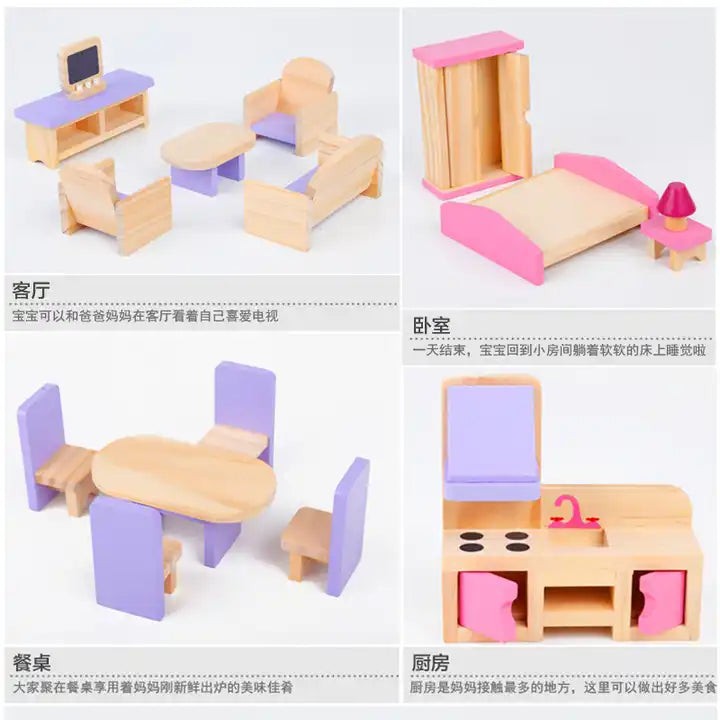 wooden doll house villa pretend to play