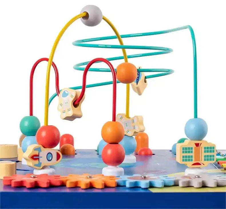 Qiaike 5 In 1 Multifunction Educational Busy Board Montessori Wooden Activity Bead Maze Table For Kids Sensory Teaching