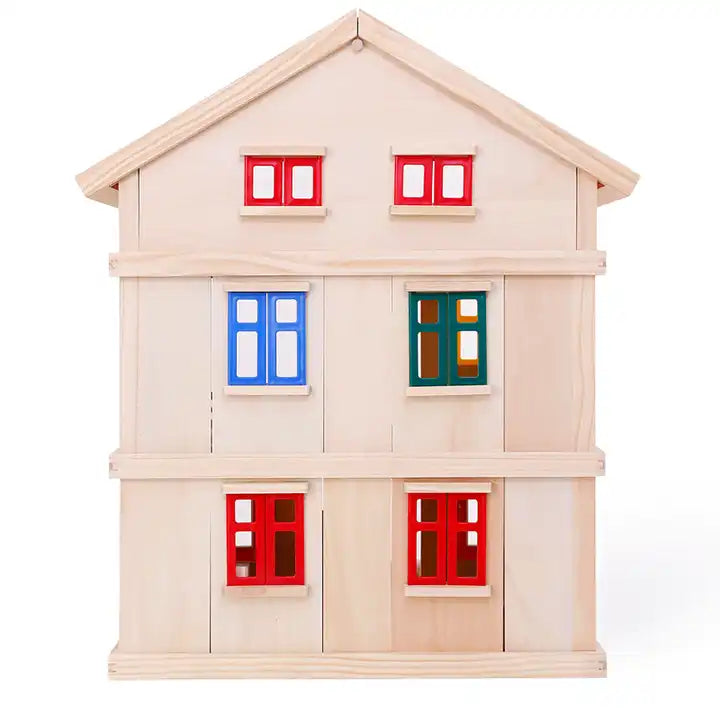 Happy family wooden toy DIY dollhouse with colorful dolls & furnitures children pretend play large doll house