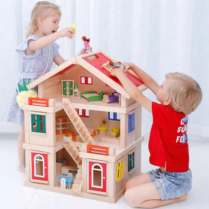 Happy family wooden toy DIY dollhouse with colorful dolls & furnitures children pretend play large doll house