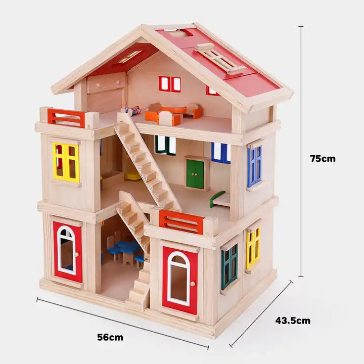 Happy family wooden toy DIY dollhouse with colorful dolls & furnitures children pretend play large doll house