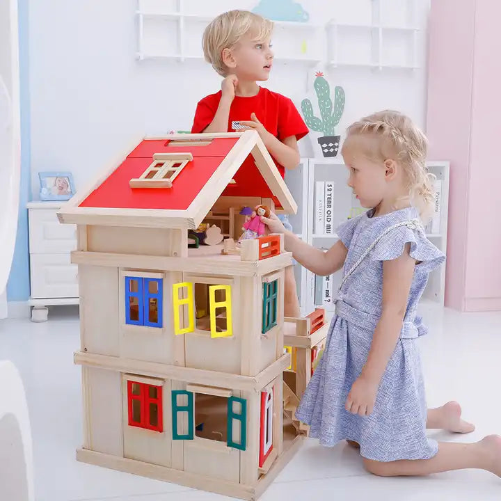 Happy family wooden toy DIY dollhouse with colorful dolls & furnitures children pretend play large doll house