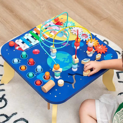 Qiaike 5 In 1 Multifunction Educational Busy Board Montessori Wooden Activity Bead Maze Table For Kids Sensory Teaching