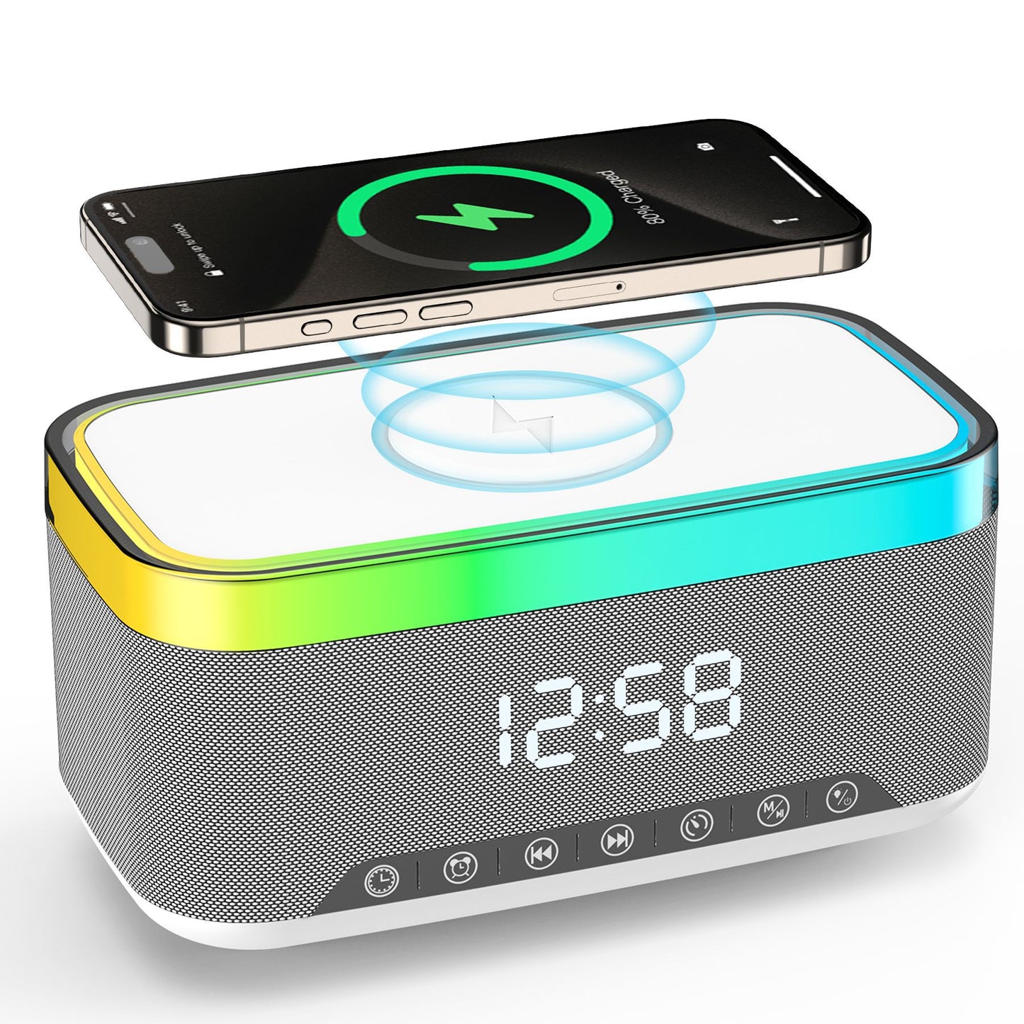 Alarm clock with speaker and wireless charging function with light