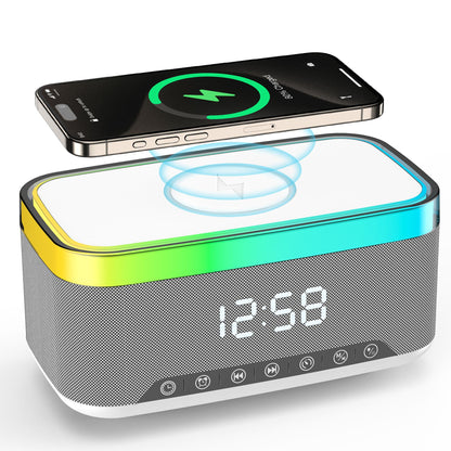 Alarm clock with speaker and wireless charging function with light