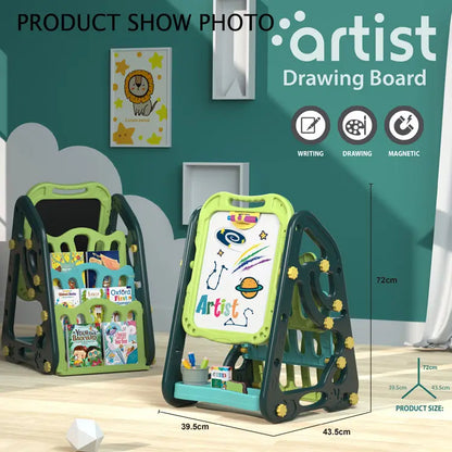 Early Learning Foldable Double Sided Magnetic Artist Doodle Table Children Drawing Board Bookshelf