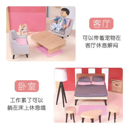 Wooden Dream Nordic Doll House with Figure Furniture Toys Kids Furniture DIY Wooden Doll House