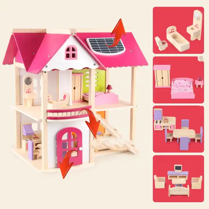 Pretend Toy Kids Wooden Doll Villa with Doll Room Furniture dollhouse