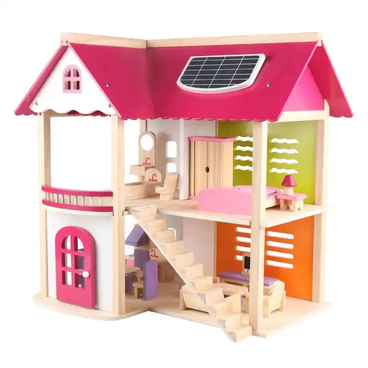 Pretend Toy Kids Wooden Doll Villa with Doll Room Furniture dollhouse