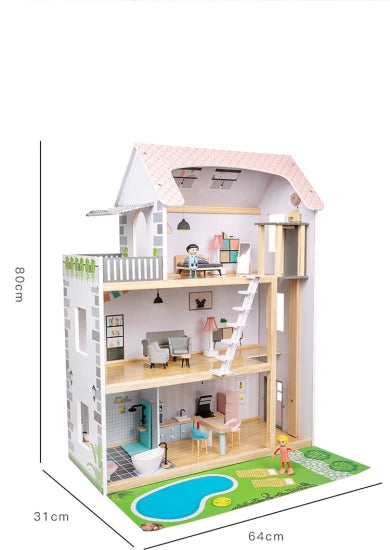 Children Simulation Pretend Wooden Doll House Kids Role Play Toy Three Layer Wooden Villa