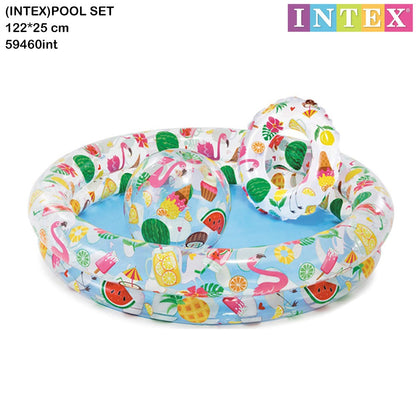 pool Set includes inflatable pool with matching 51 cm beach ball and 51 cm swim ring