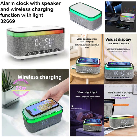 Alarm clock with speaker and wireless charging function with light