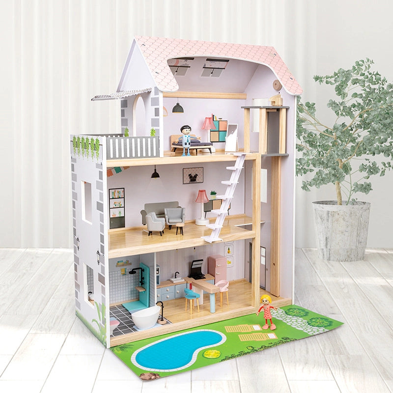 Children Simulation Pretend Wooden Doll House Kids Role Play Toy Three Layer Wooden Villa