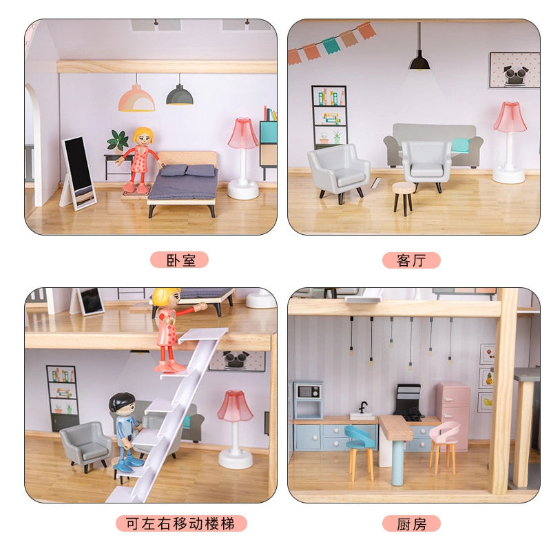 Children Simulation Pretend Wooden Doll House Kids Role Play Toy Three Layer Wooden Villa