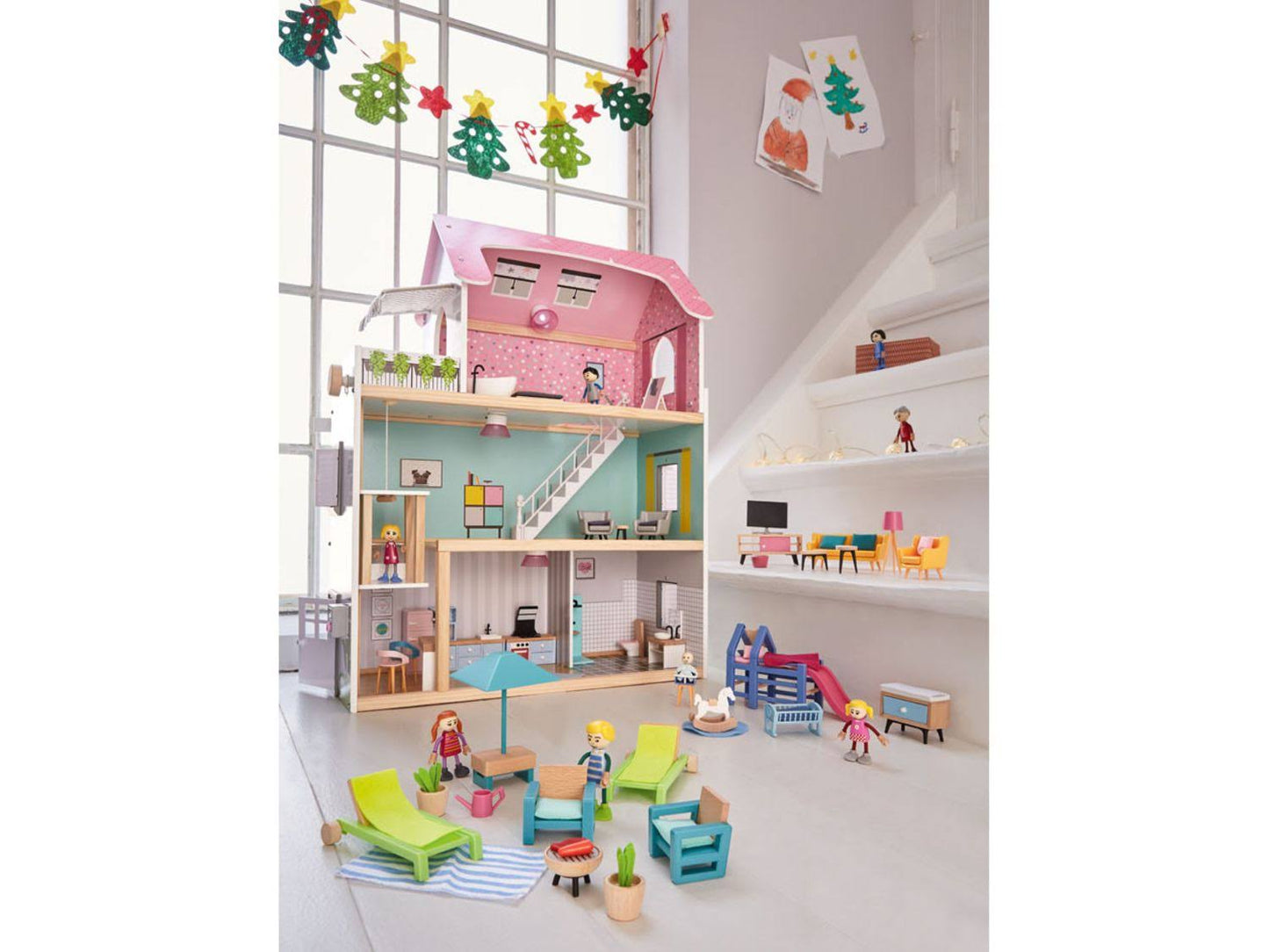 Children Simulation Pretend Wooden Doll House Kids Role Play Toy Three Layer Wooden Villa