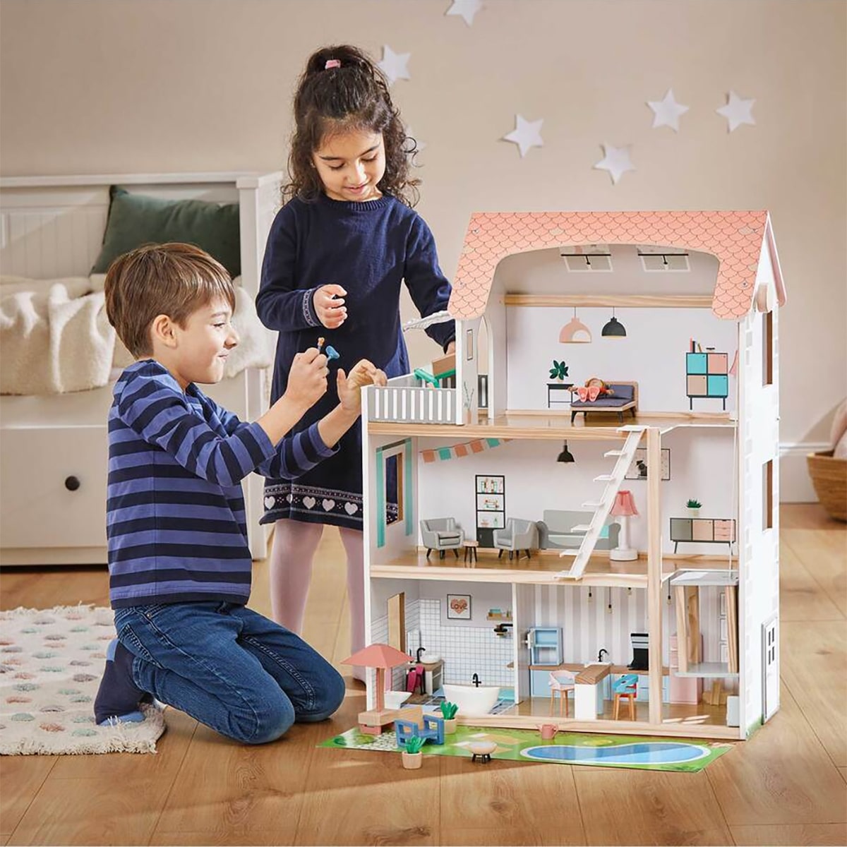 Children Simulation Pretend Wooden Doll House Kids Role Play Toy Three Layer Wooden Villa