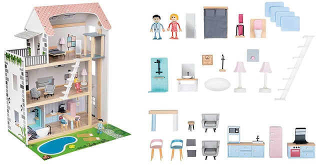 Children Simulation Pretend Wooden Doll House Kids Role Play Toy Three Layer Wooden Villa