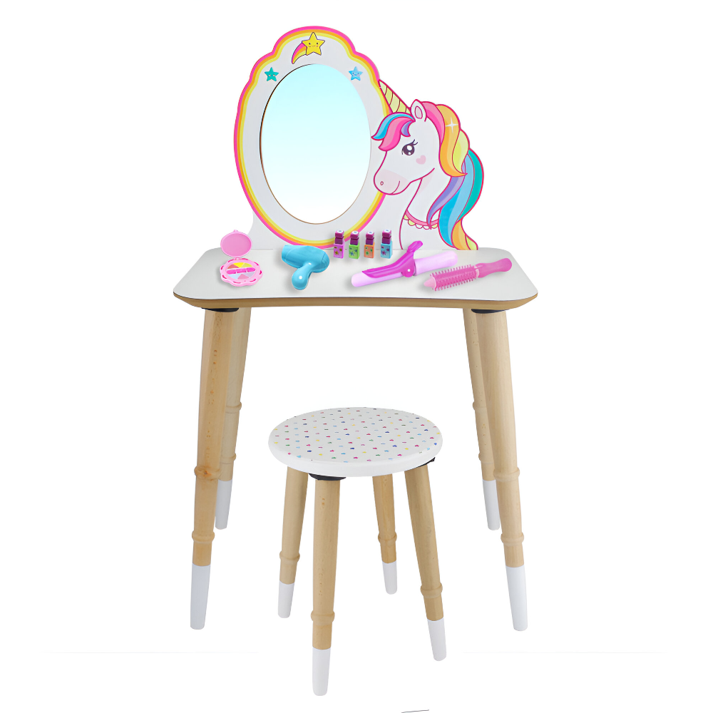 wooden unicorn dresser for make up with chair