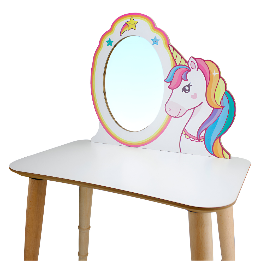 wooden unicorn dresser for make up with chair