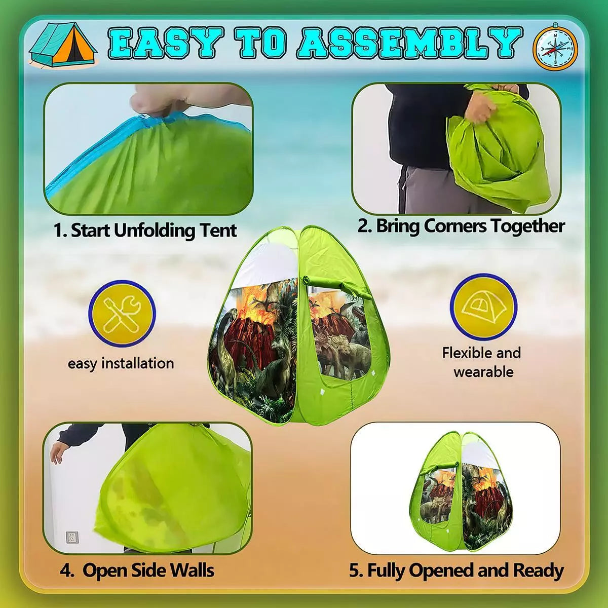 dinosaur tent and beach table
